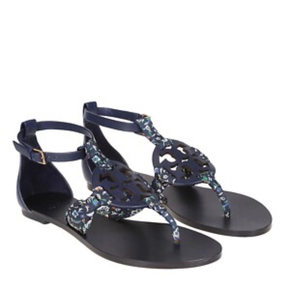 Tory Burch Miller Scarf Navy Blue Floral Leather Ankle Strap Thong Sandals 7.5M